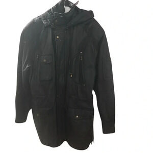 Vintage leather men’s jacket biker style Sz Small. Lots of pockets and has hood.